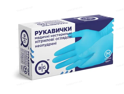 Рукавички оглядові BigQ нітрилові без пудри нестерильні, розмір M, 100 штук