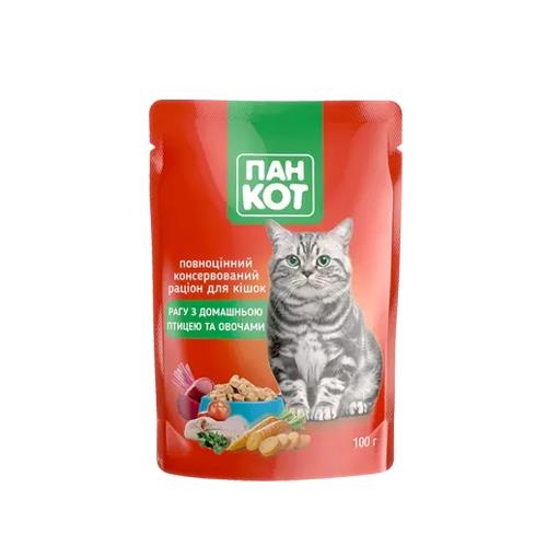 Корм влажный Пан Кот для кошек с домашней птицей и овощами рагу, пауч, 100 г