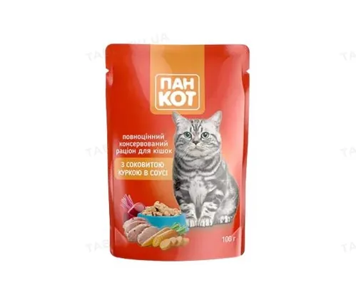 Корм вологий Пан Кот для котів з куркою у соусі, пауч, 100 г