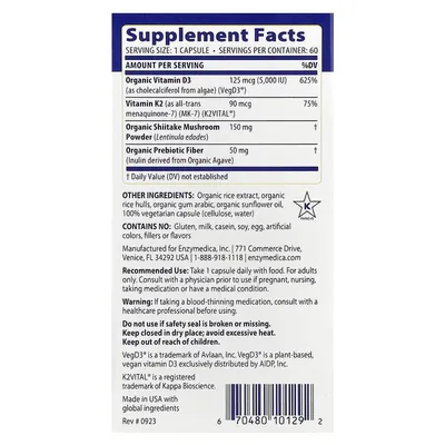 Вітамін D3 з вітаміном K2 Enzymedica Vitamin D3 + Vitamin K2, 60 капсул