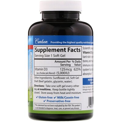 Витамин D3 Carlson Labs Vitamin D3 5000 МЕ, 360 мягких желатиновых капсул
