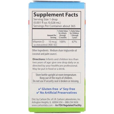 Витамин D3 для детей Carlson Labs Baby's Super Daily Vitamin D3 400 МЕ, 10.3 мл