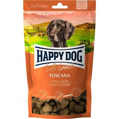 Ласощі м'які Happy Dog Soft Snack Toscana для собак середніх та великих порід з качкою та лососем, 100 г