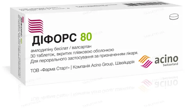 Діфорс 80 таблетки, в/плів. обол. по 5 мг/80 мг №30 (10х3)