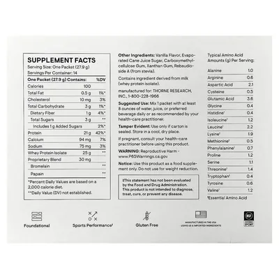 Протеїн сироватковий ізолят Thorne Research Whey Protein Isolate ваніль, 14 пакетиків по 27,9 г