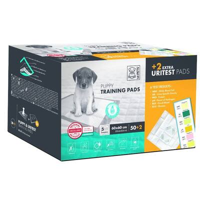 Пеленки M-Pets Puppy Training Pads + 2 Uritest Pads для тестирования расстройства и заболевания мочевыводящих путей, размер 60х60 см, 50 штук + 2 штук