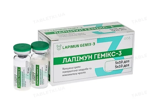 Вакцина Лапімун ГЕМІКС-3 (ДЛЯ ТВАРИН) проти геморагічної хвороби і міксоматозу кролів БТЛ 10 доз №5