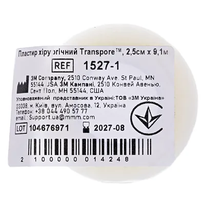 Пластир медичний Transpore 1527-1 хірургічний, на поліетиленовій основі, 2,5 см х 9,1 м, 1 штука