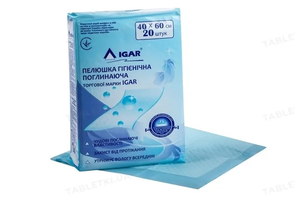 Пелюшки IGAR одноразові поглинаючі 40 х 60 см, 20 шт