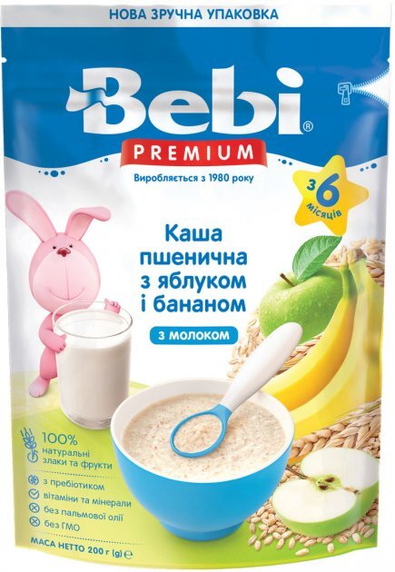 Каша молочная Bebi Premium Пшеничная с яблоком и бананом, с 6 месяцев, 200 г