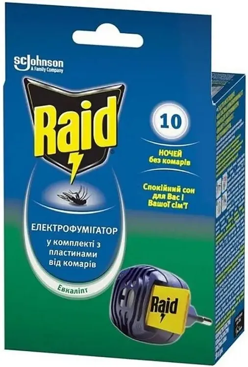 Електрофумігатор від комарів Raid в комплекті з 10 пластинами евкаліпт