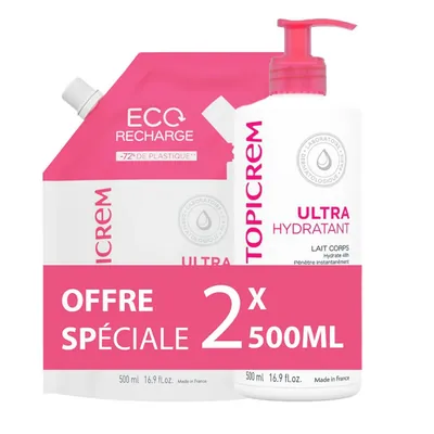 Набір Topicrem Ultra Hydratant (Ультра зволожуюча емульсія для тіла + Ультра зволожуюча емульсія для тіла змінний блок), 2 шт х 500 мл