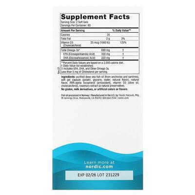 Омега-3D Nordic Naturals Omega-3D 690 мг/1000 МЕ, 120 капсул