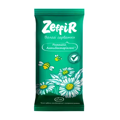 Серветки вологі Zeffir Антибактеріальні з екстрактом ромашки, 15 шт