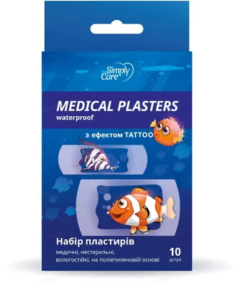 Набір пластирів дитячих Simply Care Medical Plasters Waterproof з ефектом тату, вологостійких на поліетиленовій основі, 10 штук