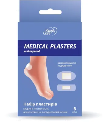 Набір пластирів Simply Care Medical Plasters Waterproof нестерильних, вологостійких на поліуретановій основі з гідроколоїдною подушечкою, 6 штук