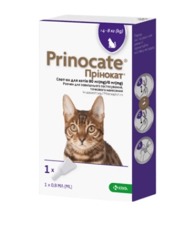Капли Prinocat от блох, чесоточных клещей, профилактика дирофиляриоза для кошек 4-8 кг, 1 пипетки по 0,8 мл
