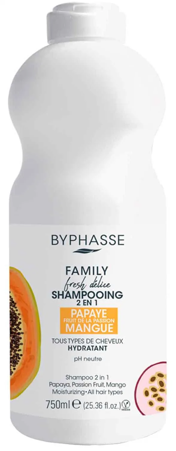 Шампунь Byphasse Family Fresh Delice 2-в-1 для всіх типів волосся, з папайєю, маракуєю і манго, 750 мл