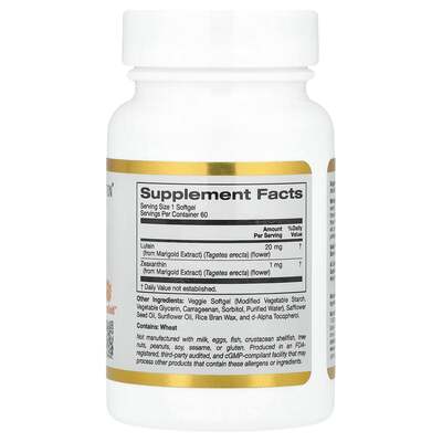 Лютеїн із зеаксантином California Gold Nutrition Lutein with Zeaxanthin 20 мг, 60 вегетаріанських капсул