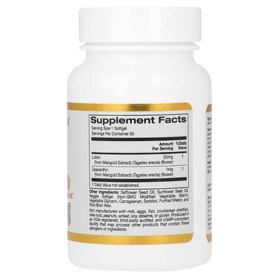Лютеїн із зеаксантином California Gold Nutrition Lutein with Zeaxanthin 20 мг, 60 вегетаріанських капсул