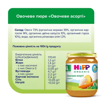 Пюре овочеве HiPP Organic Овочеве асорті з 4 місяців, 125 г