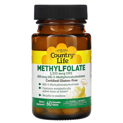 Метилфолат Country Life Methylfolate 800 мкг со вкусом апельсина, 60 жевательных таблеток