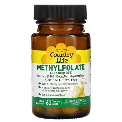 Метілфолат Country Life Methylfolate 800 мкг зі смаком апельсина, 60 жувальних таблеток