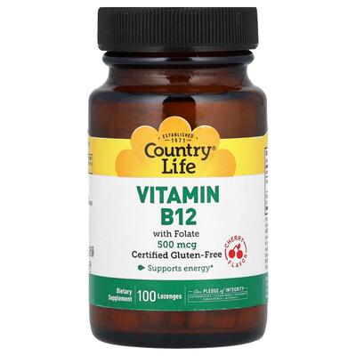 Витамин B12 с фолатом Country Life Vitamin B12 with Folate 500 мкг/667 мкг DFE (400 мкг) вкус вишня, 100 пастилок