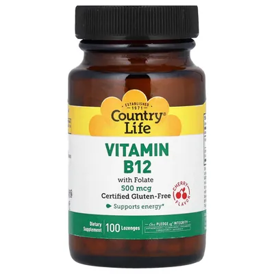 Вітамін B12 з фолатом Country Life Vitamin B12 with Folate 500 мкг/667 мкг DFE (400 мкг) смак вишня, 100 пастилок