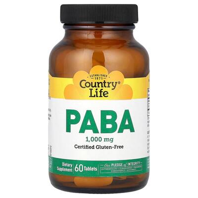 Пара-аминобензойная кислота (ПАБК) Country Life Time Release PABA 1000 мг с замедленным высвобождением, 60 таблеток
