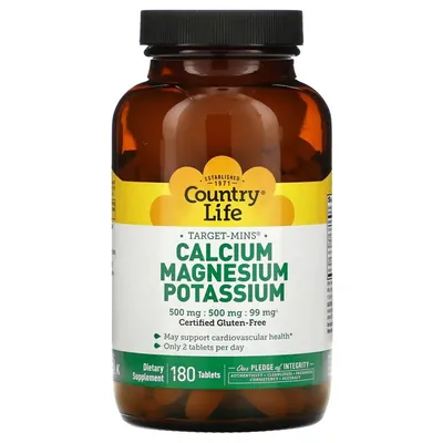 Кальцій, магній та калій Country Life Target-Mins Calcium Magnesium Potassium, 180 таблеток