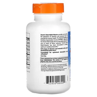 Вітамінно-мінеральний комплекс без заліза Doctor's Best Multi-Vitamin with Vitashine D3 and Quatrefolic, 90 гелевих капсул