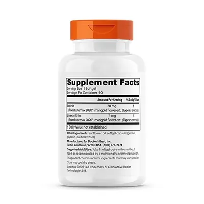 Лютеїн Doctor's Best Lutein with Lutemax 2020 20 мг, 60 гелевих капсул