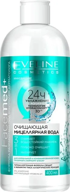 Міцелярна вода Eveline FaceMed+ 3в1 Очищаюча для нормальної та комбінованої шкіри, схильної до жирного блиску, 400 мл