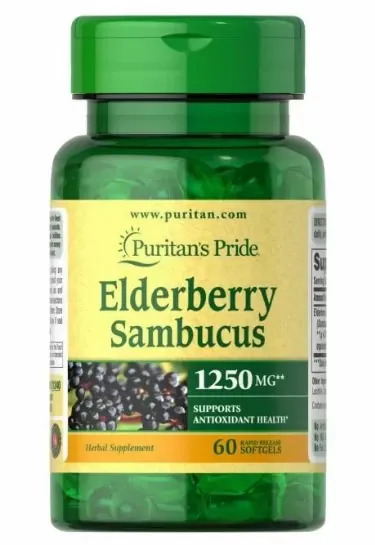Чорна бузина Puritan's Pride Elderberry Sambucus, 1250 мг, 60 гелевих капсул