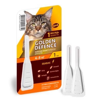 Капли на холку Palladium Golden Defence от паразитов для кошек весом от 4 до 8 кг, 1 пипетка