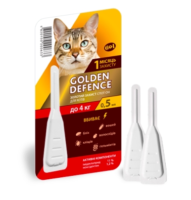 Капли на холку Palladium Golden Defence от паразитов для кошек весом до 4 кг, 1 пипетка