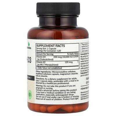 Витамин Д3+К2 Futurebiotics Vitamin D3+К2 extra strength 10000 МЕ/120 мкг, 120 капсул
