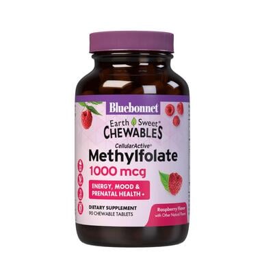 Метилфолат (B9) 1000 мкг Bluebonnet Nutrition Earth Sweet Chewables, вкус малины, жевательные таблетки №90