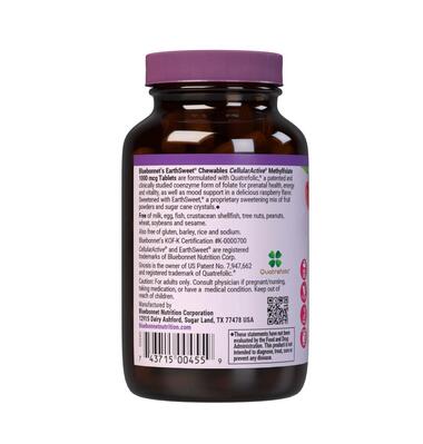 Метилфолат (B9) 1000 мкг Bluebonnet Nutrition Earth Sweet Chewables, вкус малины, жевательные таблетки №90