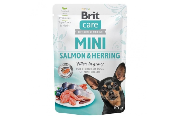 Корм влажный Brit Care Mini для стерилизованных собак миниатюрных пород филе лосося и сельди в соусе, 85 г