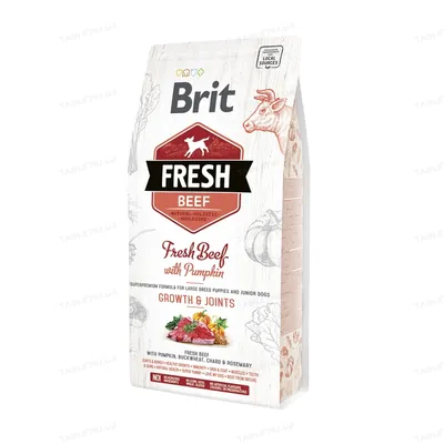 Корм сухий Brit Fresh Growth & Joints для цуценят та молодих собак великих порід з яловичиною та гарбузом, 2,5 кг