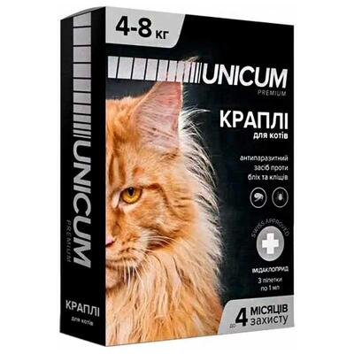 Капли на холку Unicum Premium от блох и клещей для кошек весом 4-8 кг, 1 штука