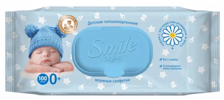 Серветки вологі Smile Baby 0+ дитячі з екстрактом ромашки, алое та вітамінним комплексом, 100 шт