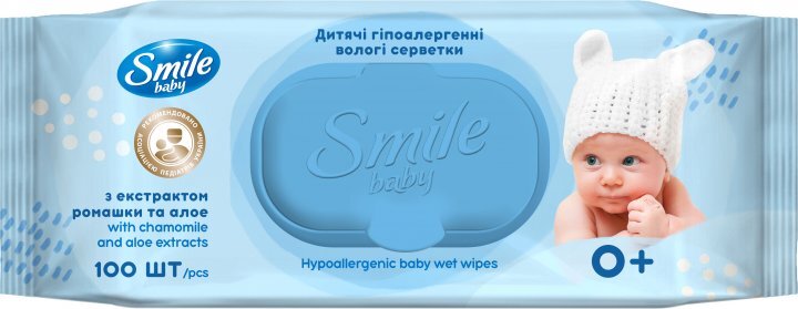 Салфетки влажные Smile Baby 0+ детские с экстрактом ромашки, алоэ и витаминным комплексом, 100 шт