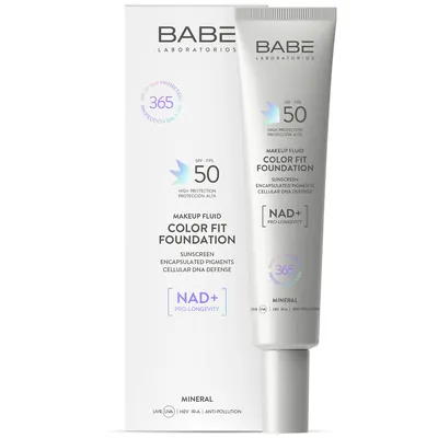 Флюїд для обличчя Babe Laboratorios тонувальний з адаптивним кольором і NAD+ на фізичних фільтрах SPF 50, 40 мл