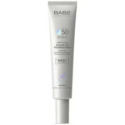 Флюїд для обличчя Babe Laboratorios тонувальний з адаптивним кольором і NAD+ на фізичних фільтрах SPF 50, 40 мл