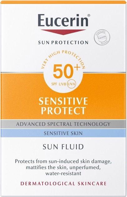 Флюїд сонцезахисний для обличчя Eucerin Sun SPF50+ Sensitive Protect для чутливої комбінованої та жирної шкіри (63840), 50 мл