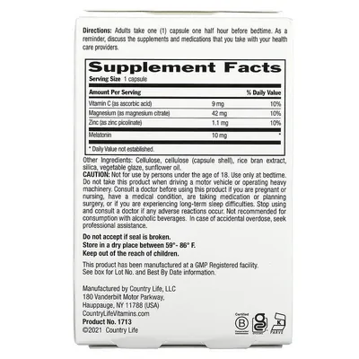 Мелатонін з магнієм, цинком та вітаміном C Country Life Melatonin 10 mg Magnesium Zinc & Vitamin C, 60 веганських капсул