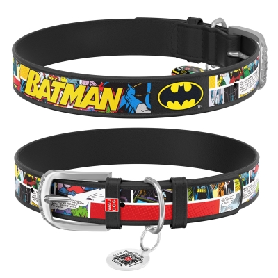 Ошейник Collar WAUDOG Design Бэтмен2, кожаный, металлическая пряжка, ширина 12 мм, длина 19-25 см, черный